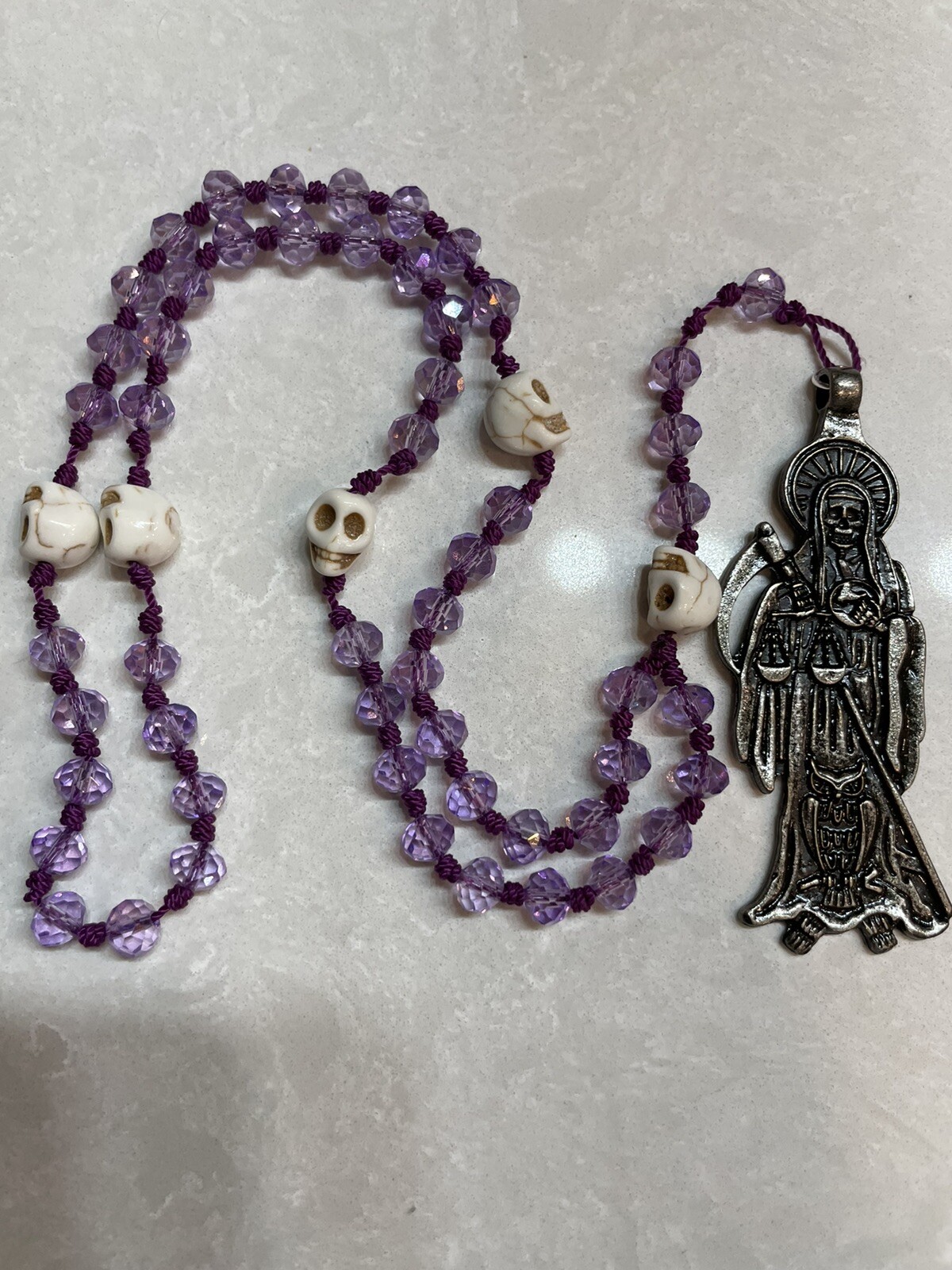 Santa muerte Rosario- Holy Death Rosary New- Nylon-Purple- Morado Acrylic Stones
