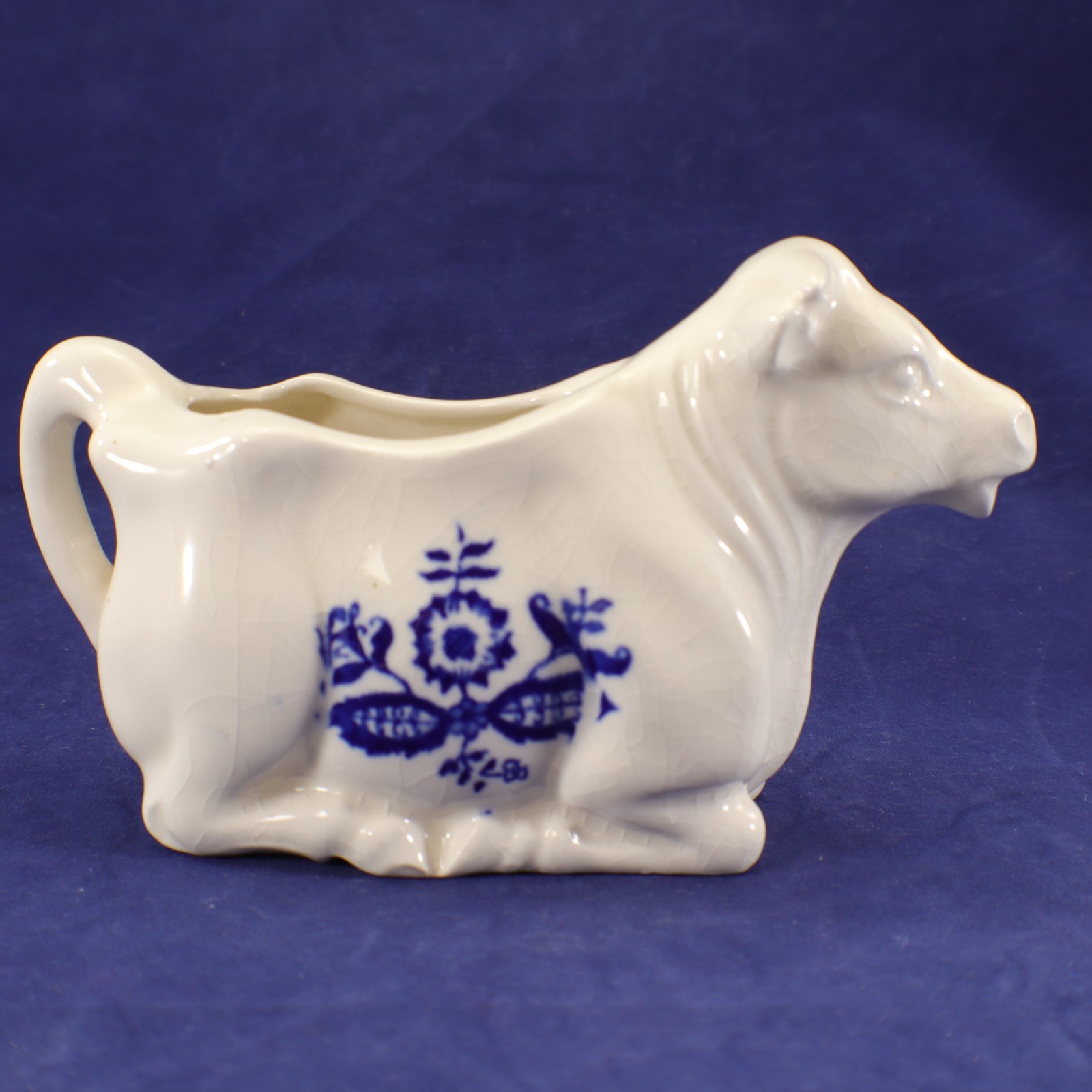 Delft Style CREAMER COW Shape Laying Cobalt Blue Hand Painted Whimsical Vintage