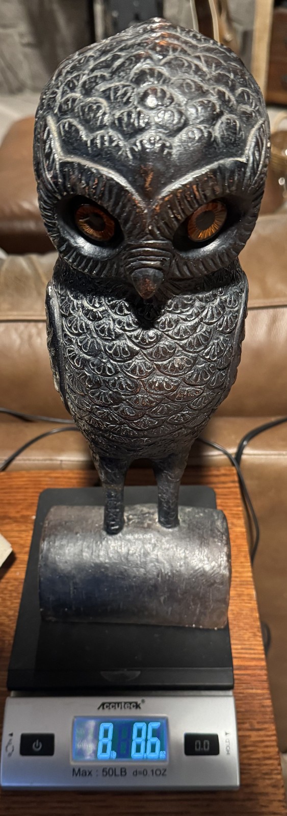 Tall, Vintage, Very Detailed One Piece, Owl Figure, Appears to be Molded Resin