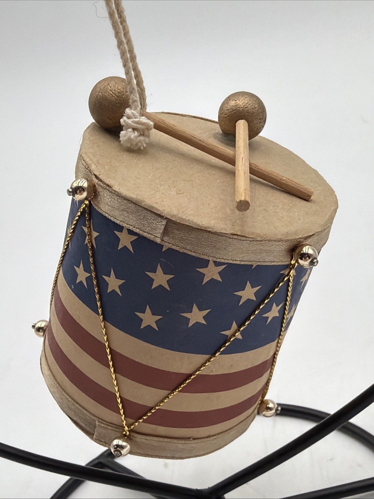 Vtg 1980’s Patriotic American Flag Drum Ornament With Drumsticks W/Hanger