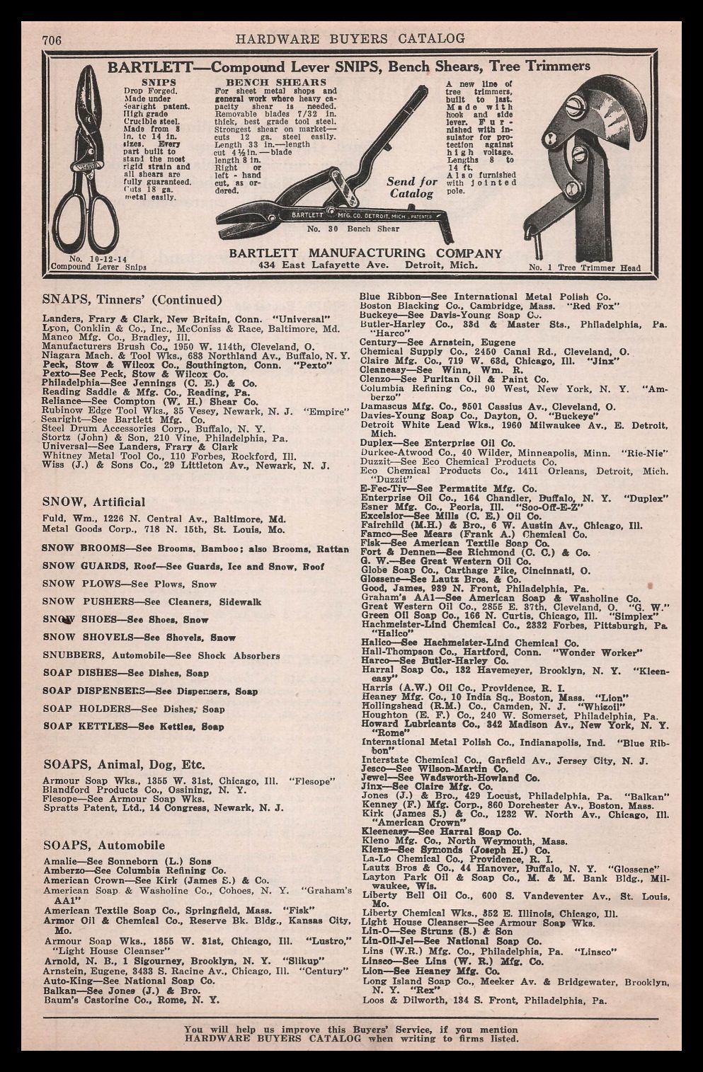 1928 Bartlett Mfg Co. Detroit Michigan Snips Shears Trimmers Vintage Print Ad