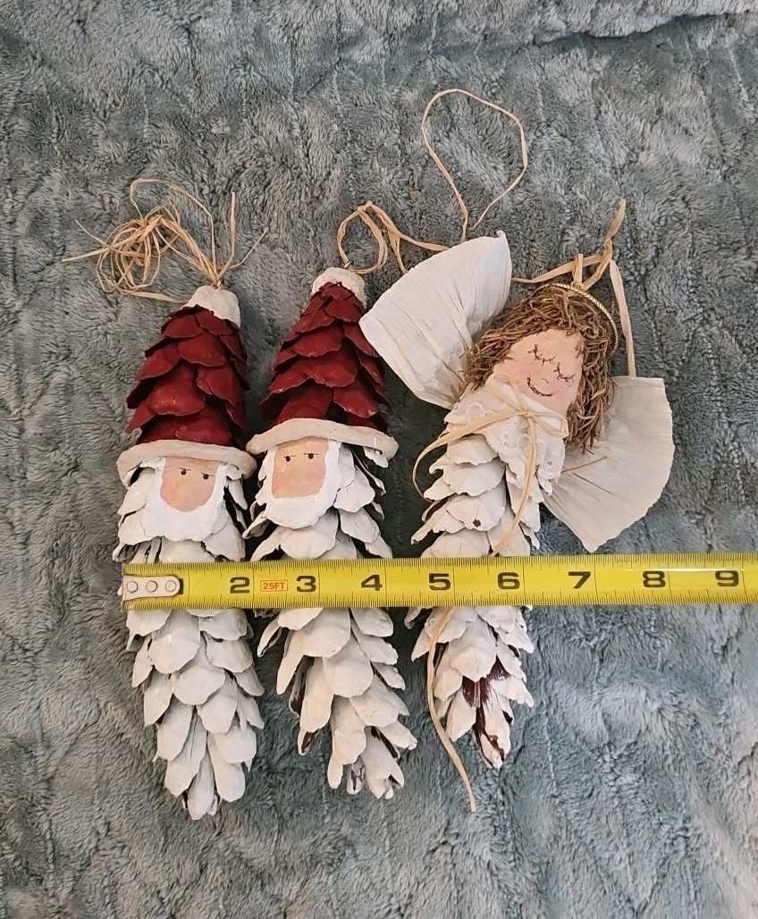 VTG Christmas Pinecone 8″ Tall Ornaments Handmade 2 Santa & 1 Angel Made In USA