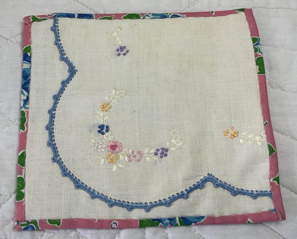 Vintage Quilt Table Topper, Flower Embroidery, White With Multi Colors