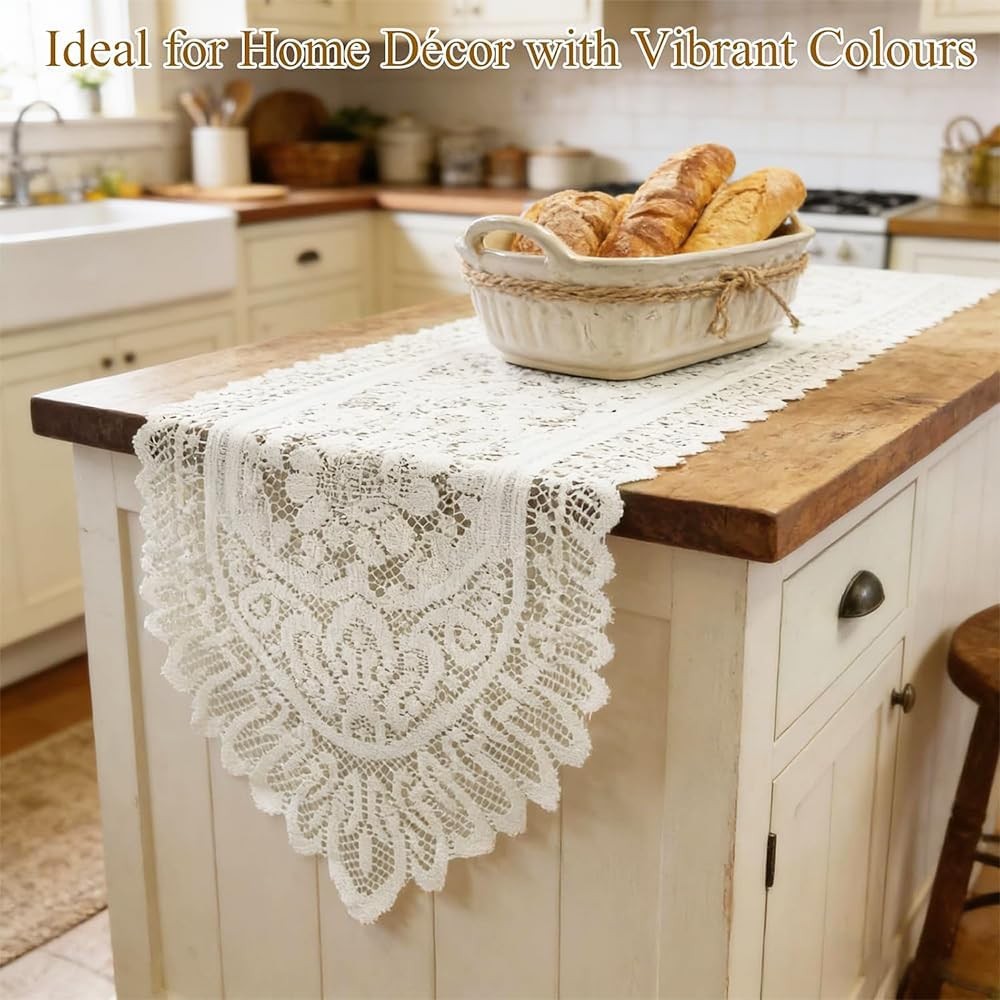 2 Pack Cotton Crochet Lace Rectangular Table Runner Dresser Scarf Doilies (Beige