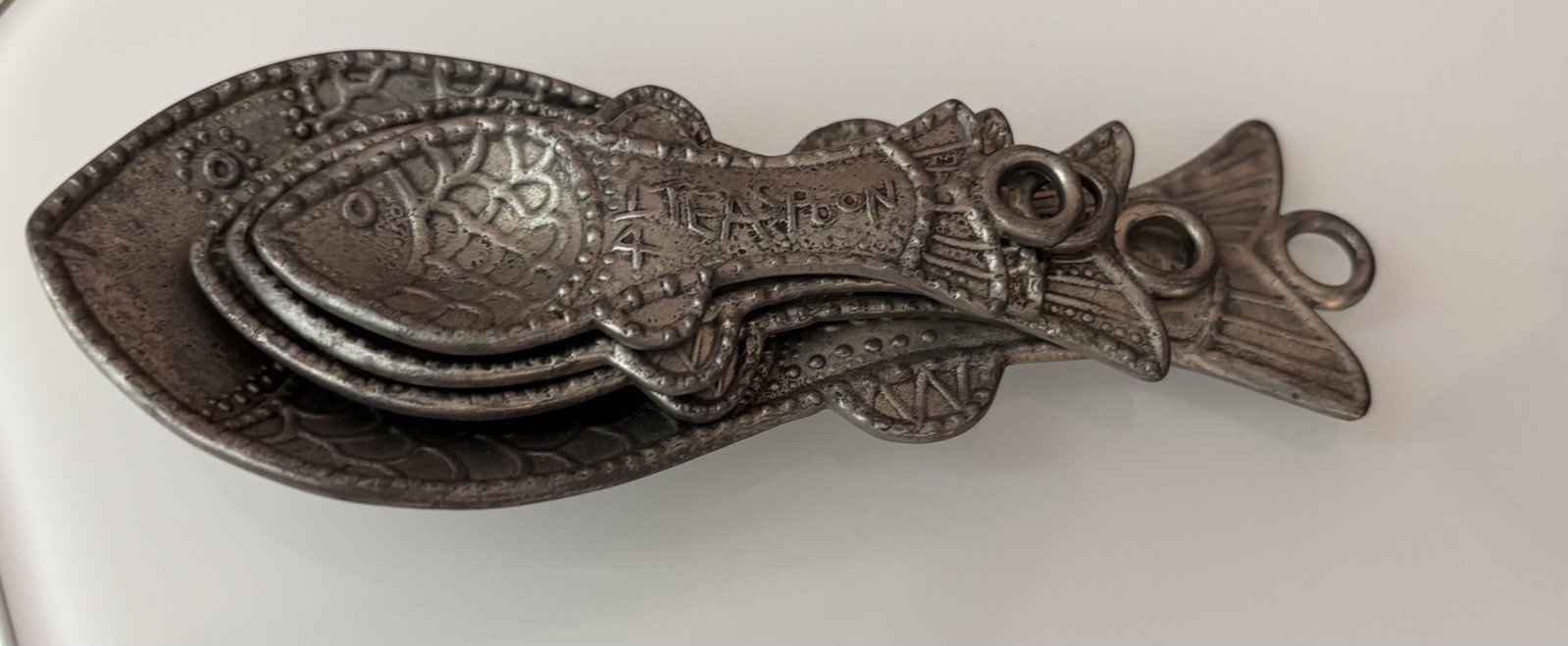 Pewter Fish Measuring Spoons Set Of 4 – HEAVY Silver Tone Good Condition