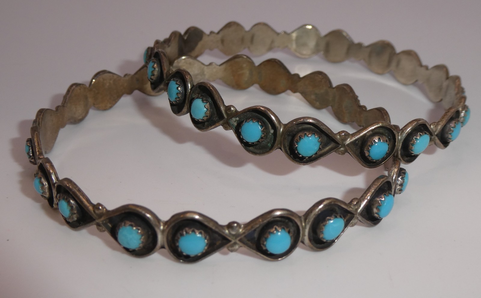 Vtg Native American Zuni Snake Eye Turquoise Sterling Silver Bracelets Lot of 2