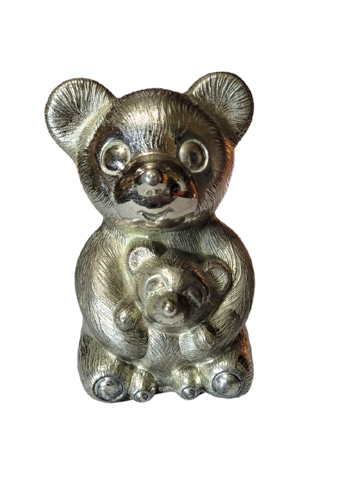 Vintage Silver Plate Teddy Bear Mom & Baby Bear Coin Bank No Stopper