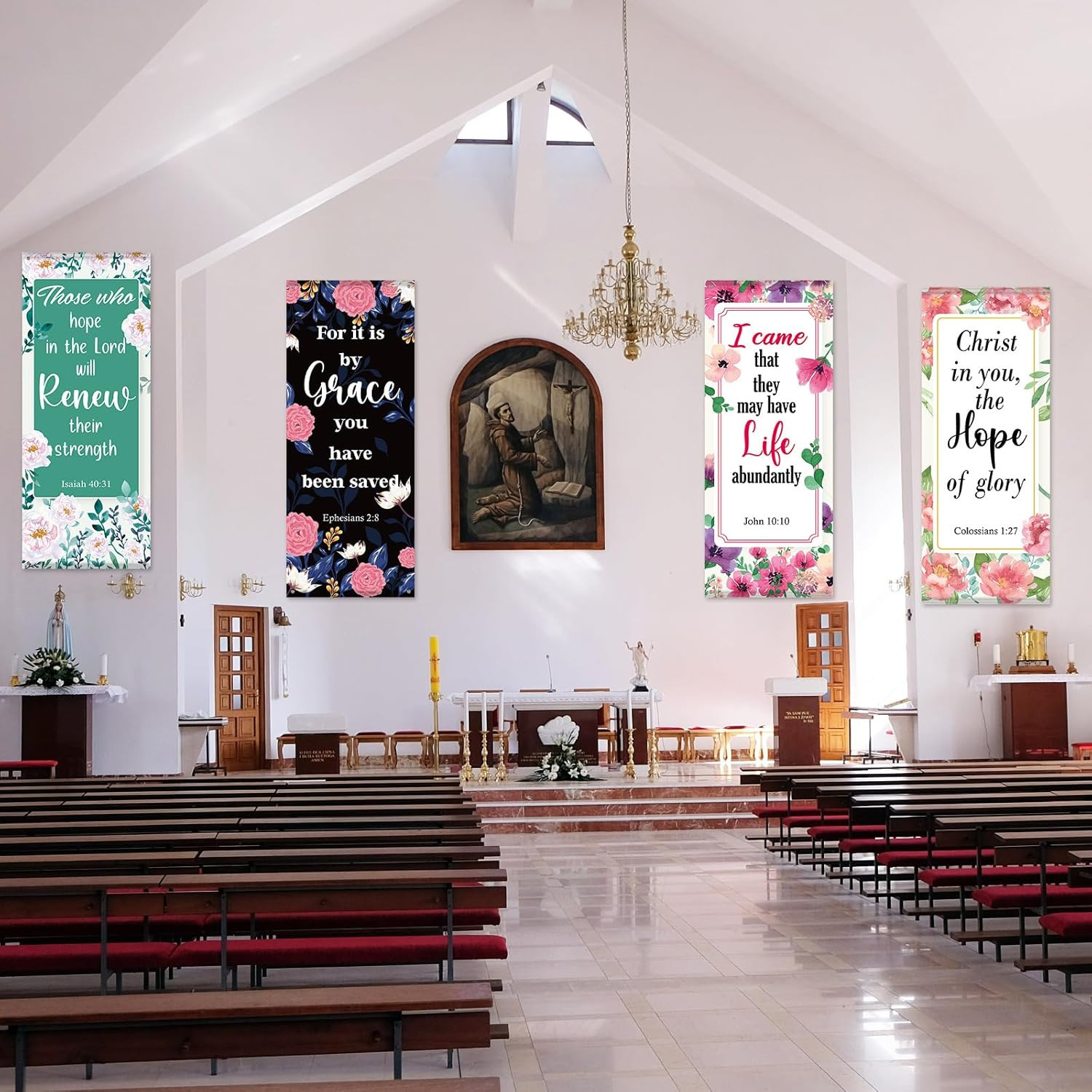 Church Scripture Banners Set – Inspirational Floral Decor for Worship Spaces