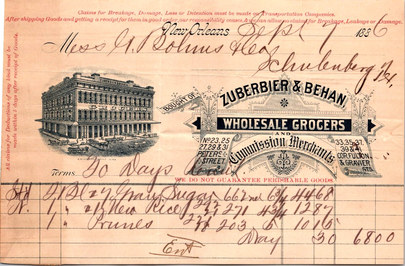 Zuberbier & Behan New Orleans LA 1886 Billhead