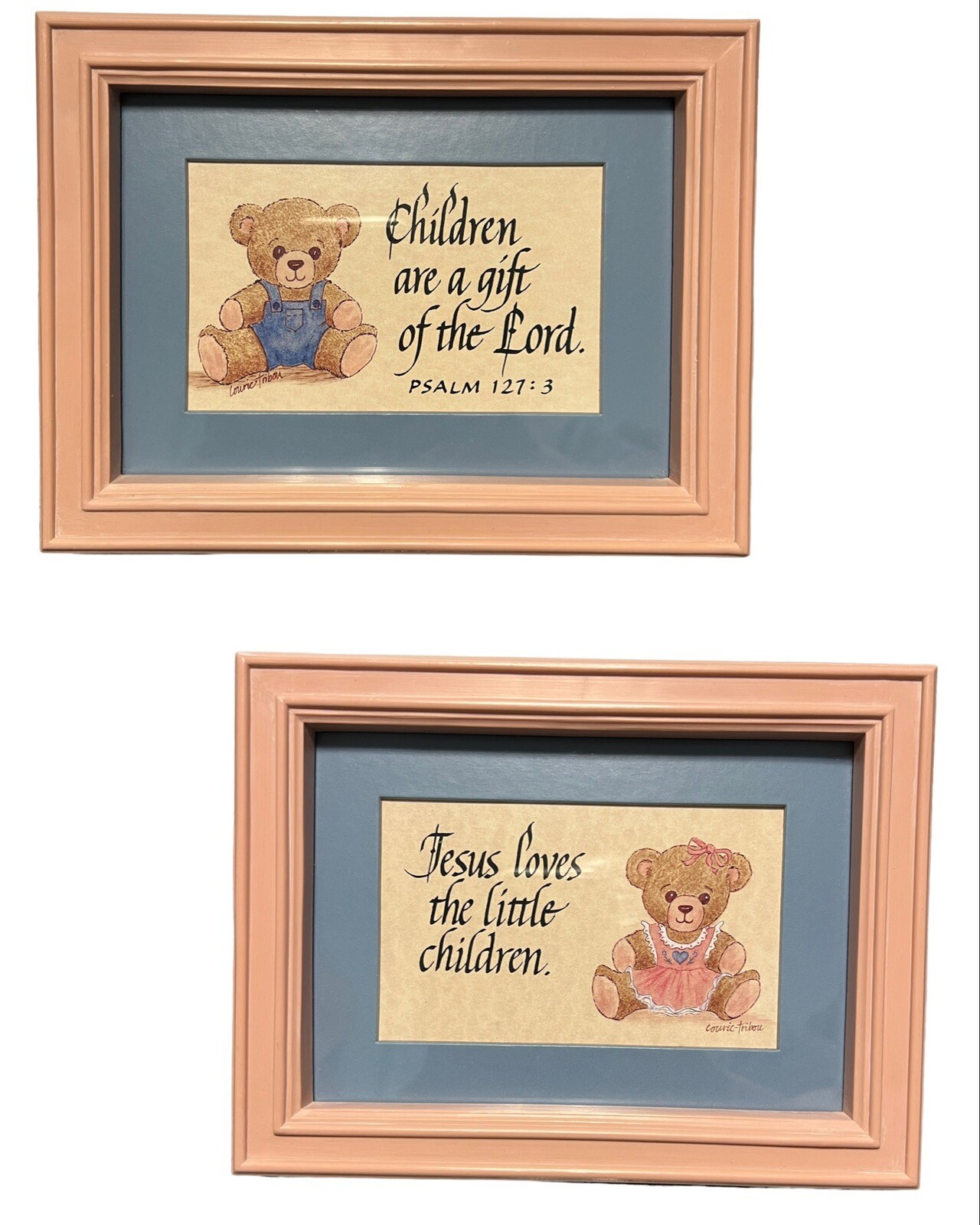 Vintage 2 Homco Frames Teddy Bears Baby Girl & Boy 8.25″ x 6.25″ Pink Blue Matte