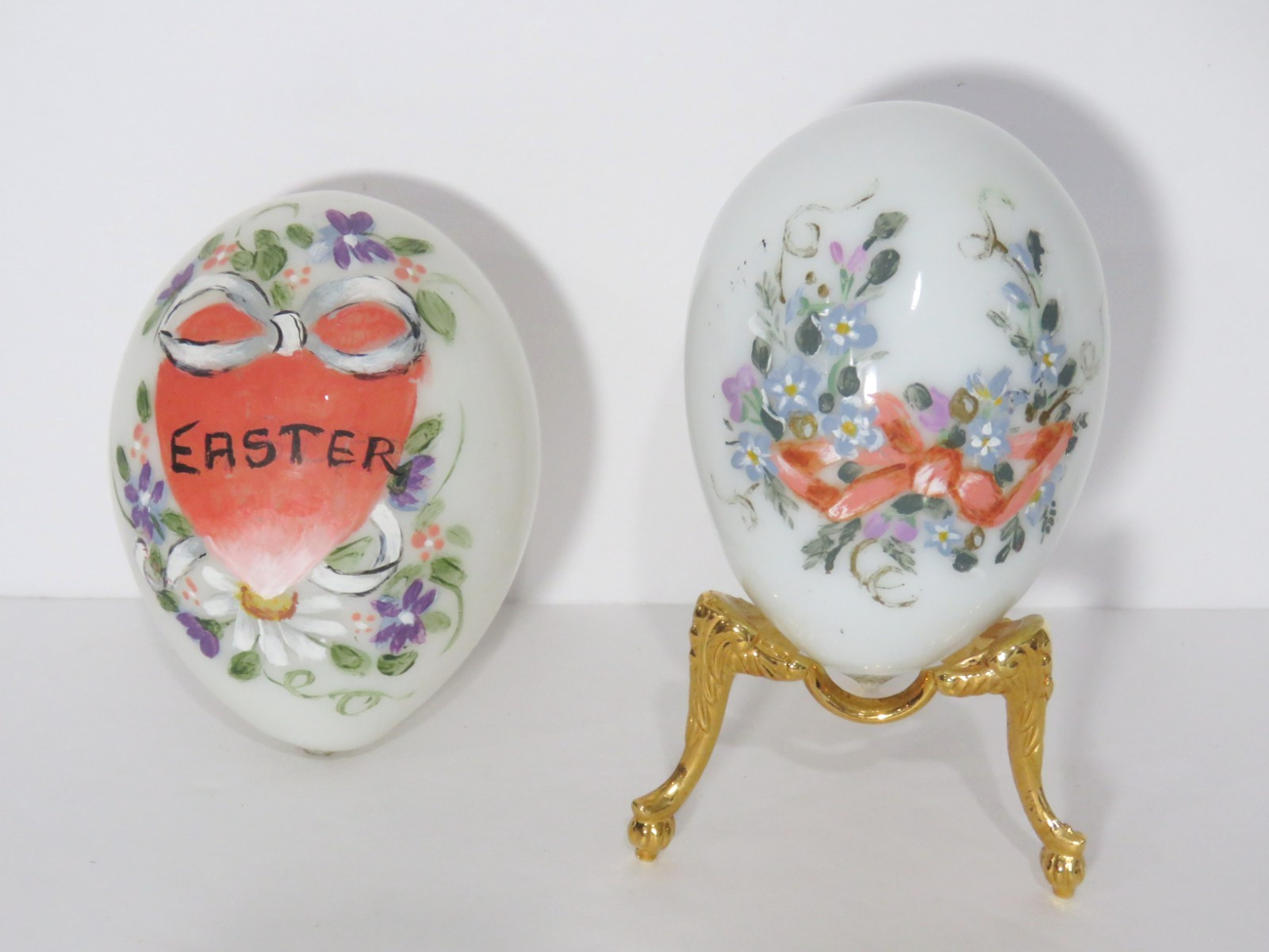2 Vintage Hand Blown Milk Glass Easter Eggs – Hearts & Bows