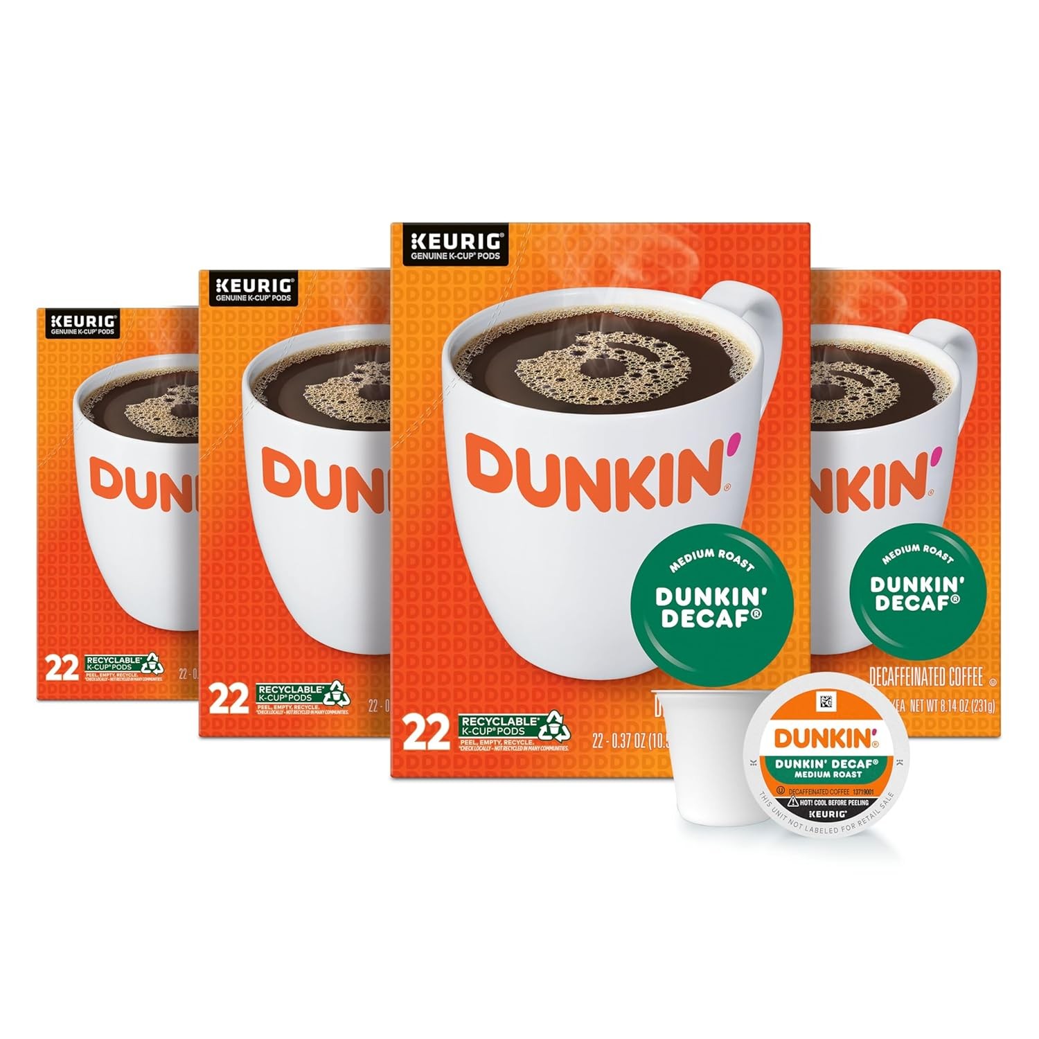 Dunkin’ Decaf Medium Roast Coffee, 22 Count(Pack of 4)