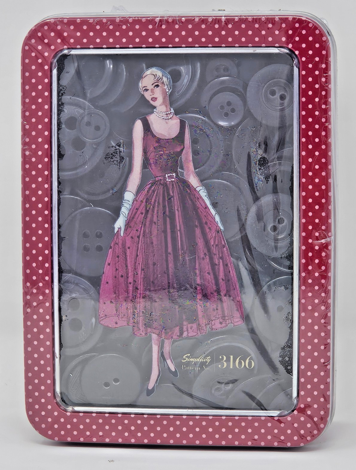 Simplicity~ Burgundy ~ Polka Dot ~ Tin ~ Filled With Black Buttons ~ New