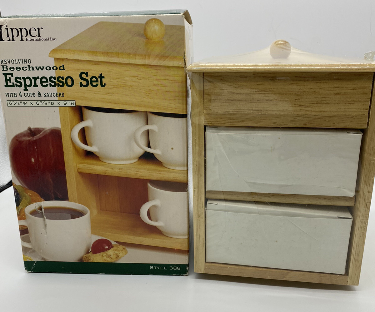 Espresso Set 4 Cups & Saucers 9” LIPPER INTERNATIONAL INC. Revolving Beechwood