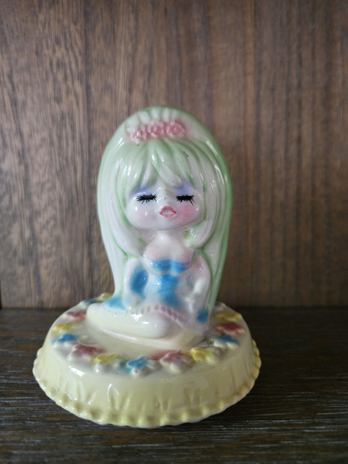 Vintage Japan Mod Girl Green Hair Ado Mizumori Ceramic Figurine Kitsch Retro