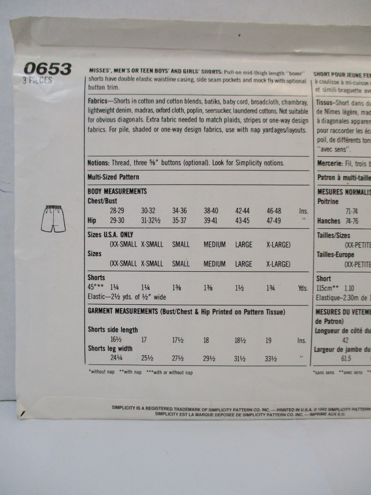 Simplicity Pattern 0653 Size A (XXS-XL) Unisex Adults Teens Pull-On Shorts Cut