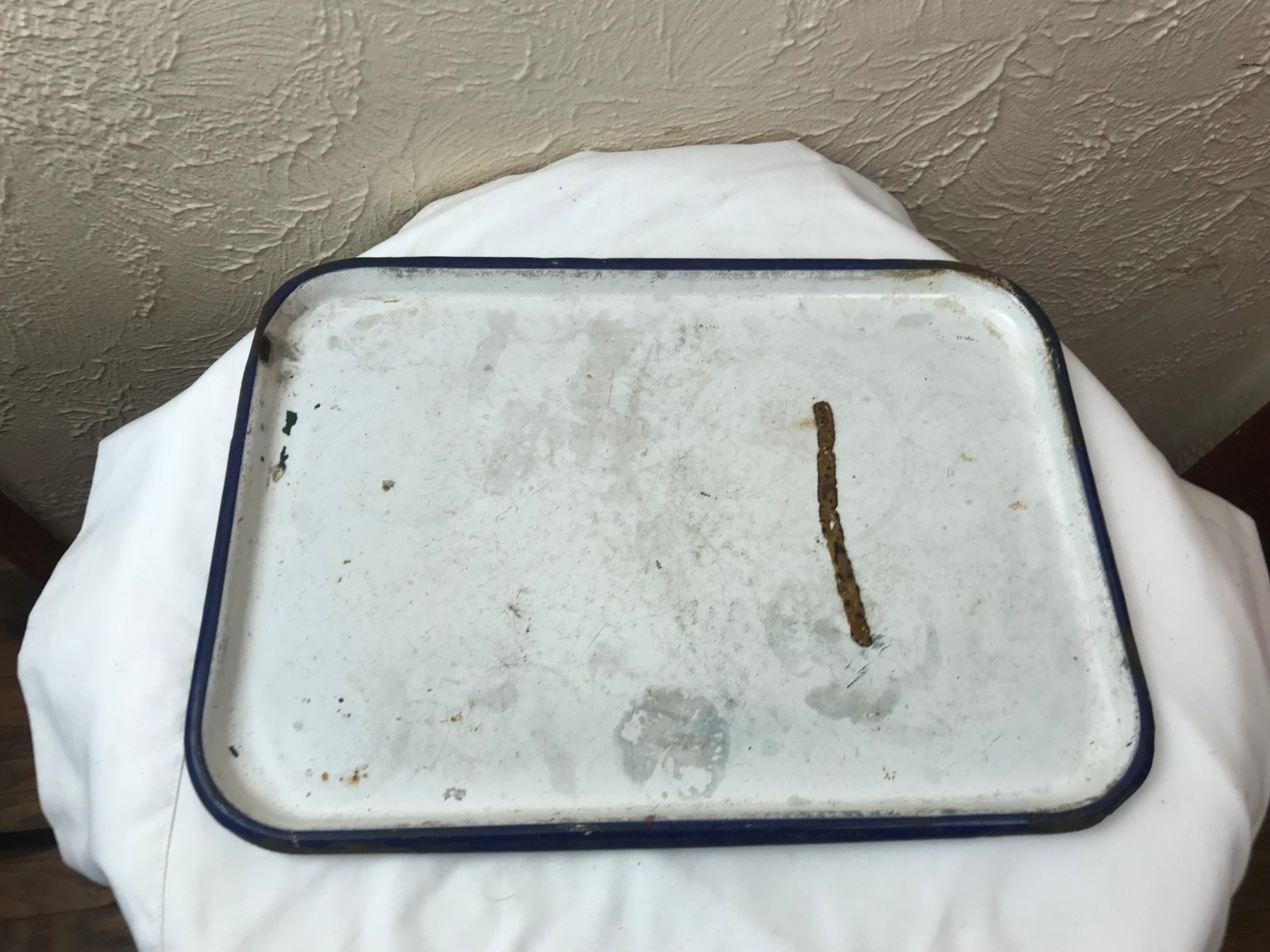 Vintage White blue Enamelware Tray Pan Rectangle 15 x 11 chipped