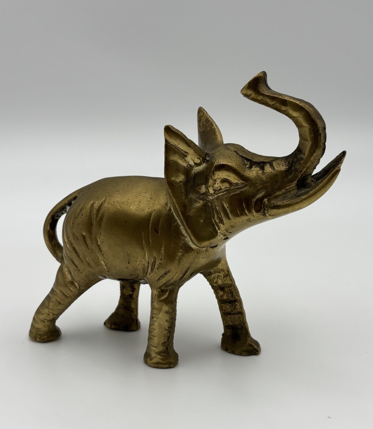 Vintage Solid Brass Elephant Figurine Small Statue Trunk Up, Made in Taiwan, 4”