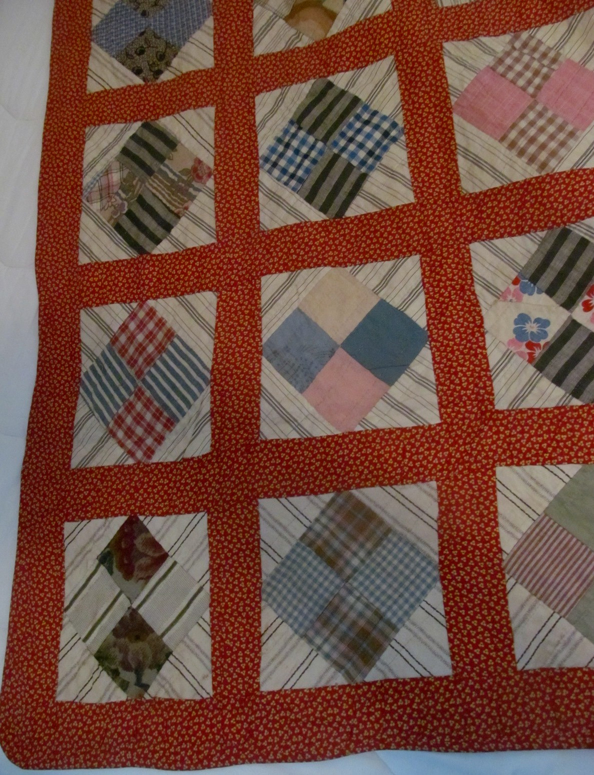 Antique Four Patch in a Square Handmade Quilt w/Calico Border 82×84~Dated 1931
