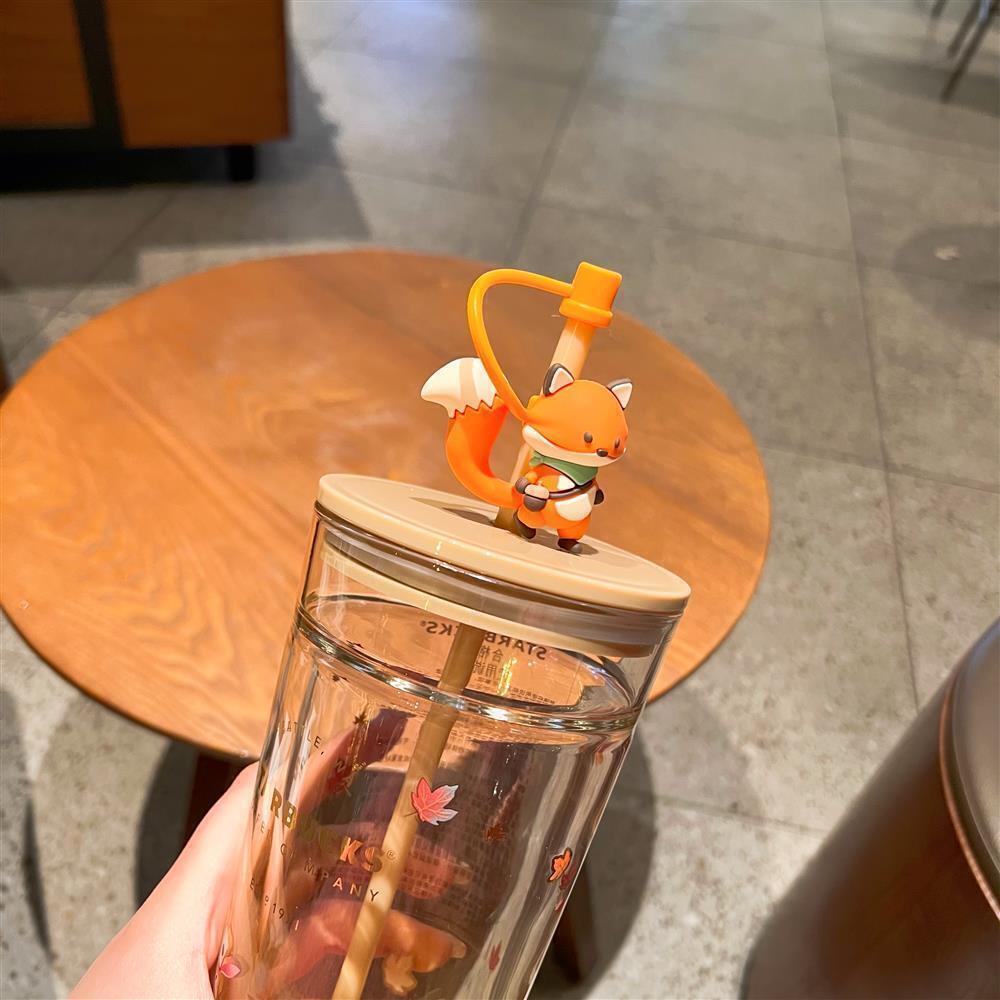 Starbucks Autumn Fox Maple Leaf Cup Tumbler Straw Dust Stopper Double Glass Set