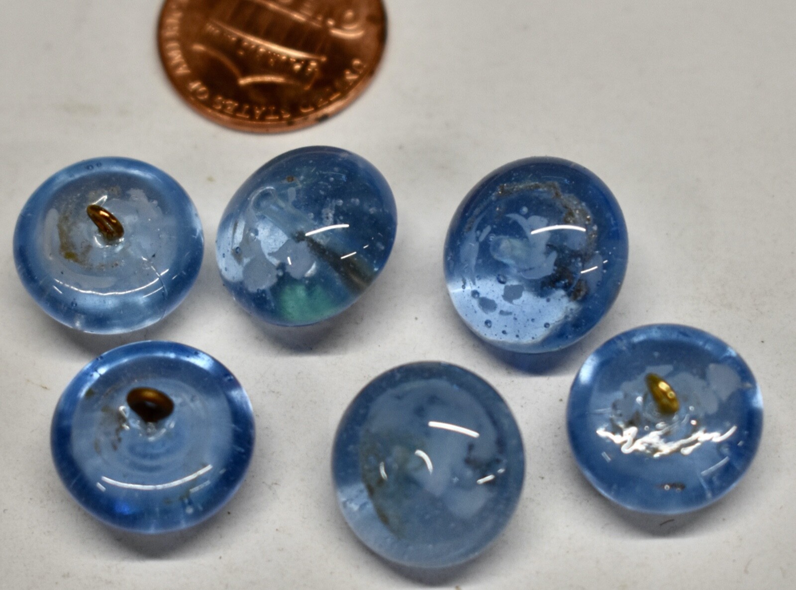VINTAGE 6 LIGHT BLUE SWIRLY TRANSPARENT GLASS BUTTONS 15mm approx. all different