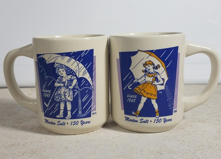 Bryan China Morton Salt 150 Years 1914 & 1956 Coffee Mugs Set of Two 2 -EUC Used