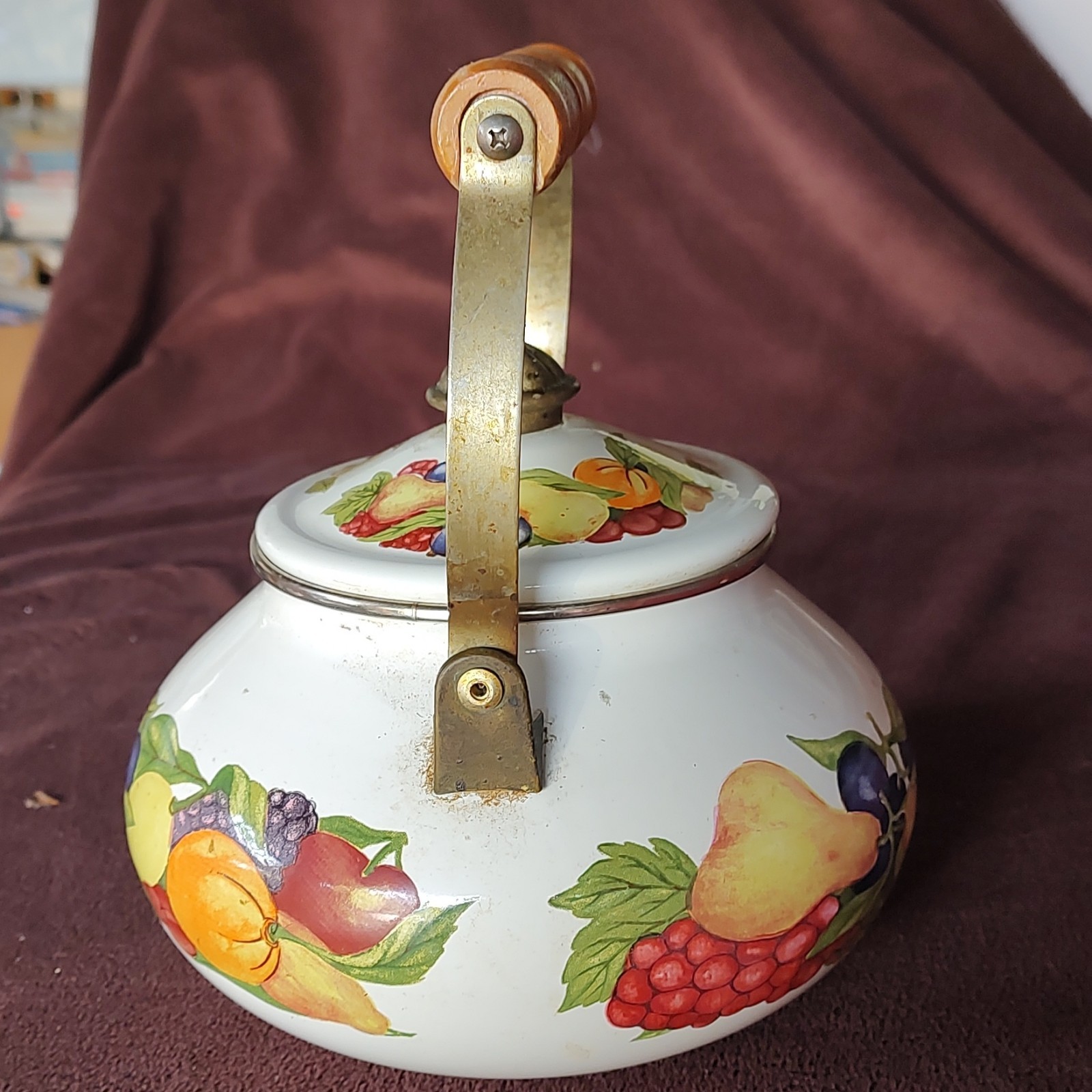 White Enamel Fruit Pattern Stove Top Tea Kettle w/ Lid, Wood Handle