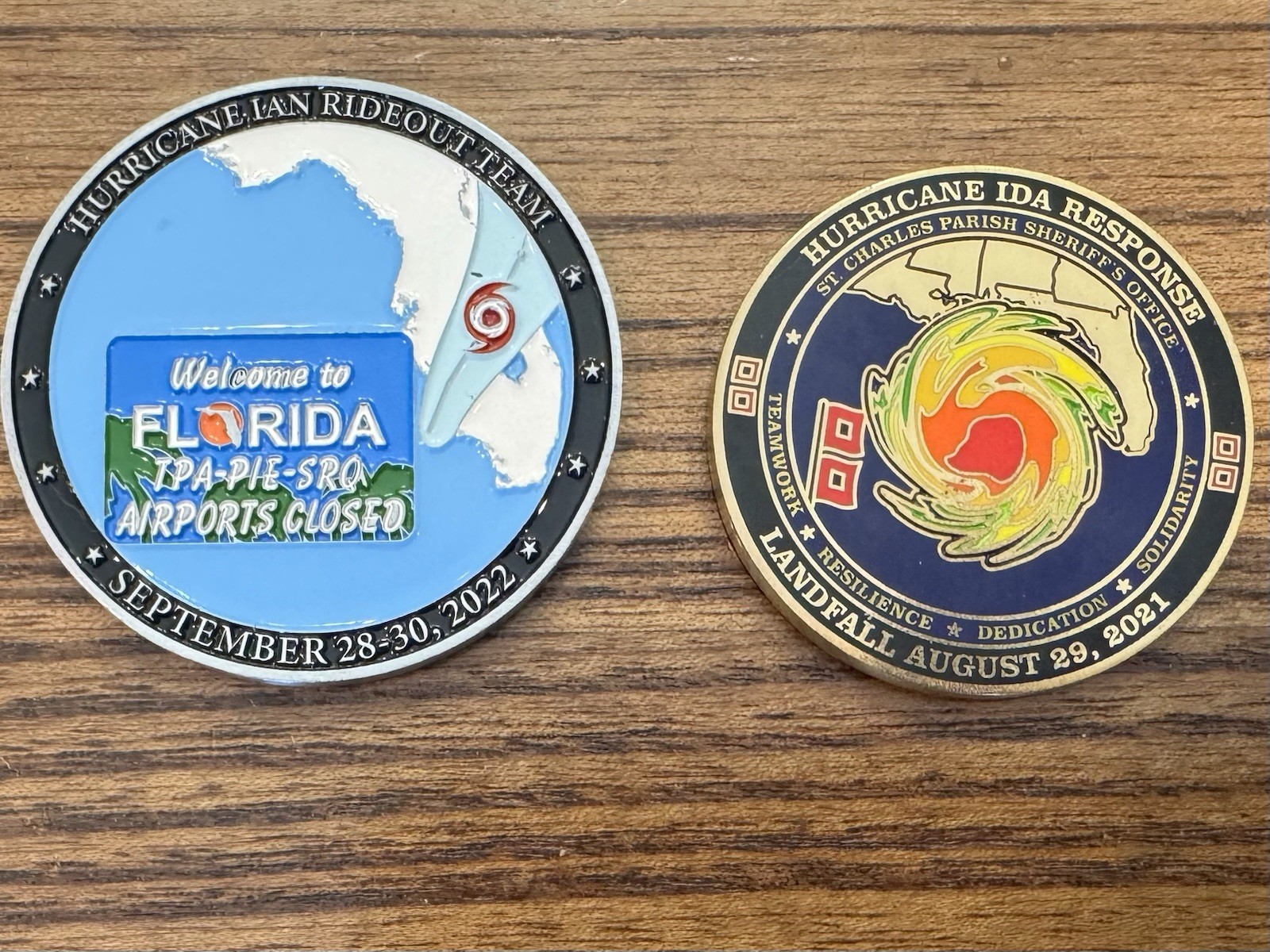 Police Challenge Coin Lot of 2- Hurricane Ida/ Ian, St Charles Parish/ TSA Tampa