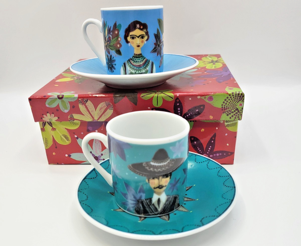 4pc. Espresso Set Mexico Motif Frida Kahlo Fragonard *Visages du Monde* Org. Box