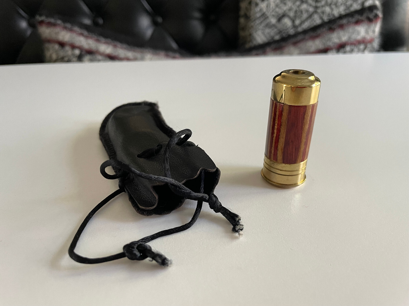 VAN CORT INSTRUMENTS DERRINGER BULLET SHAPE KALEIDOSCOPE WOOD BRASS LEATHER BAG