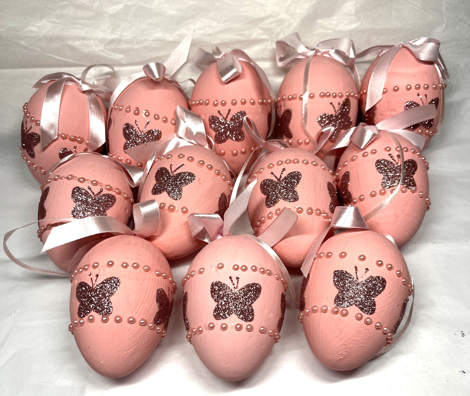12 Pink Styrofoam Egg Easter Christmas Ornaments Faux Pearls Glitter Butterflies