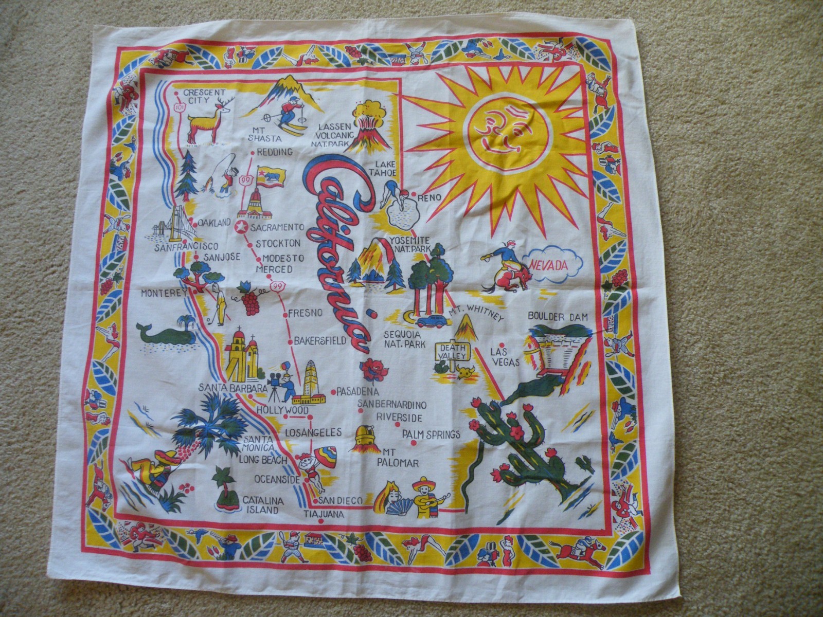 Vintage CALIFORNIA Pre-Disney TABLECLOTH Crisp BRIGHT Colors 1940-50s GRAPHICS