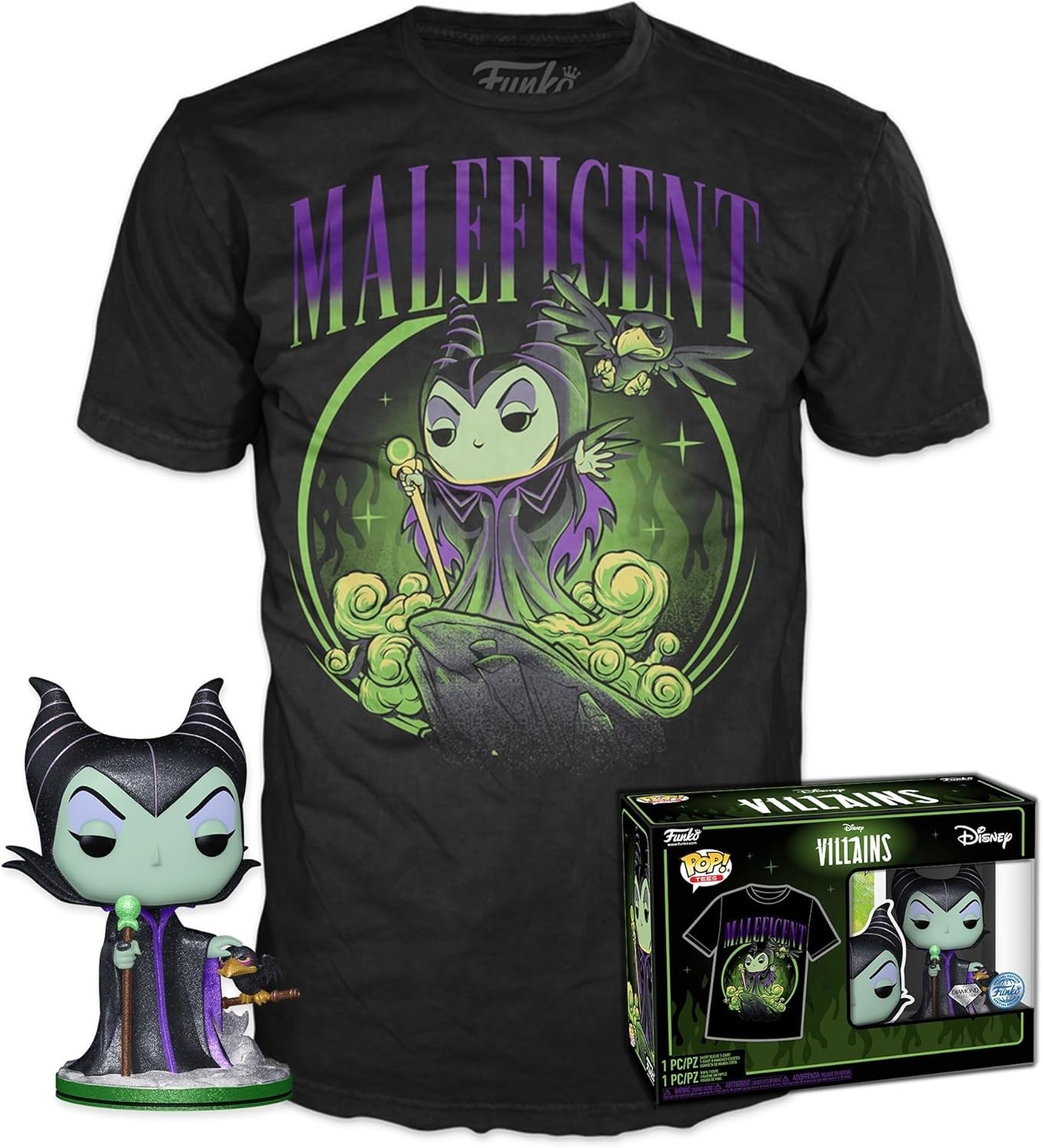 Funko Pop! & Tees Disney Maleficent Diamond Glitter Collection, Size Medium, New