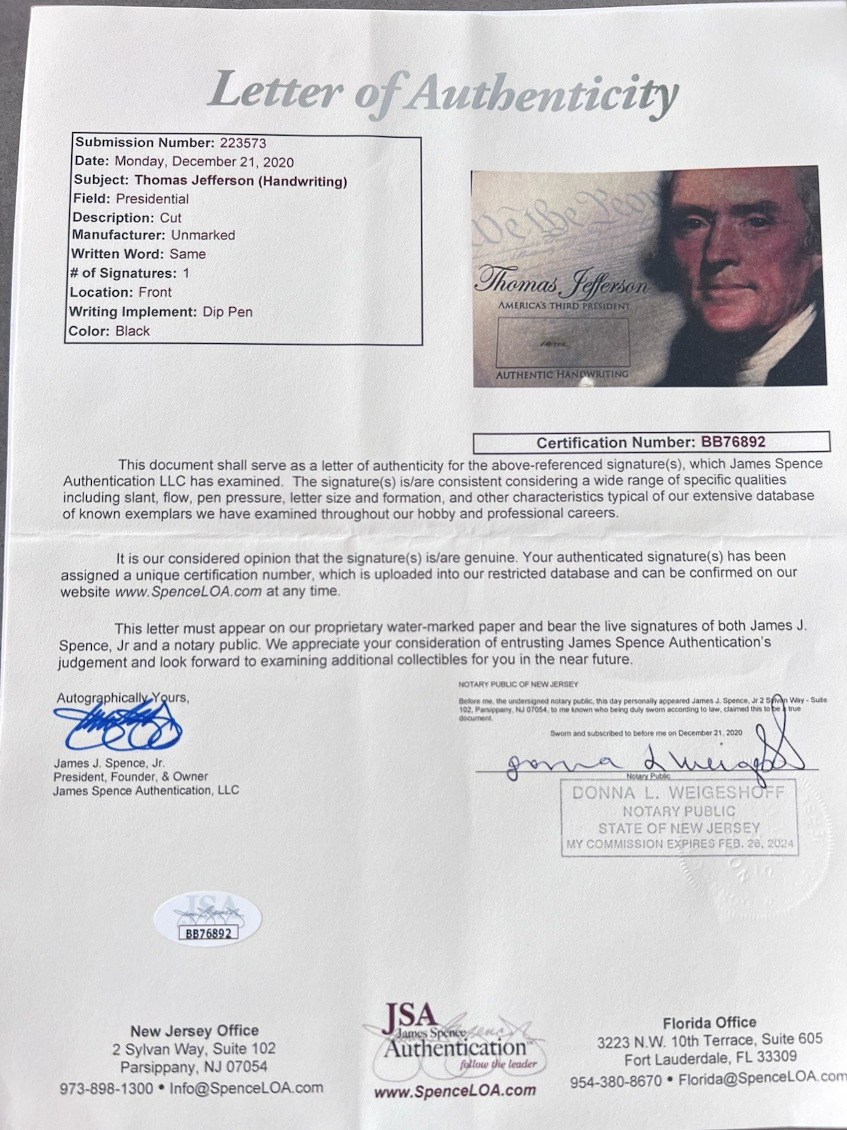 Thomas Jefferson Original Signed Cut Signature Autograph w/ JSA LOA