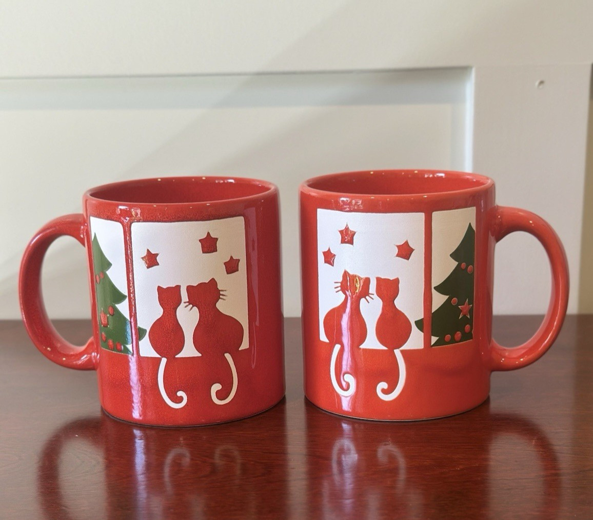 Pair Set 2 WAECHTERSBACH Christmas Cat in the Window Mugs W. GERMANY VINTAGE