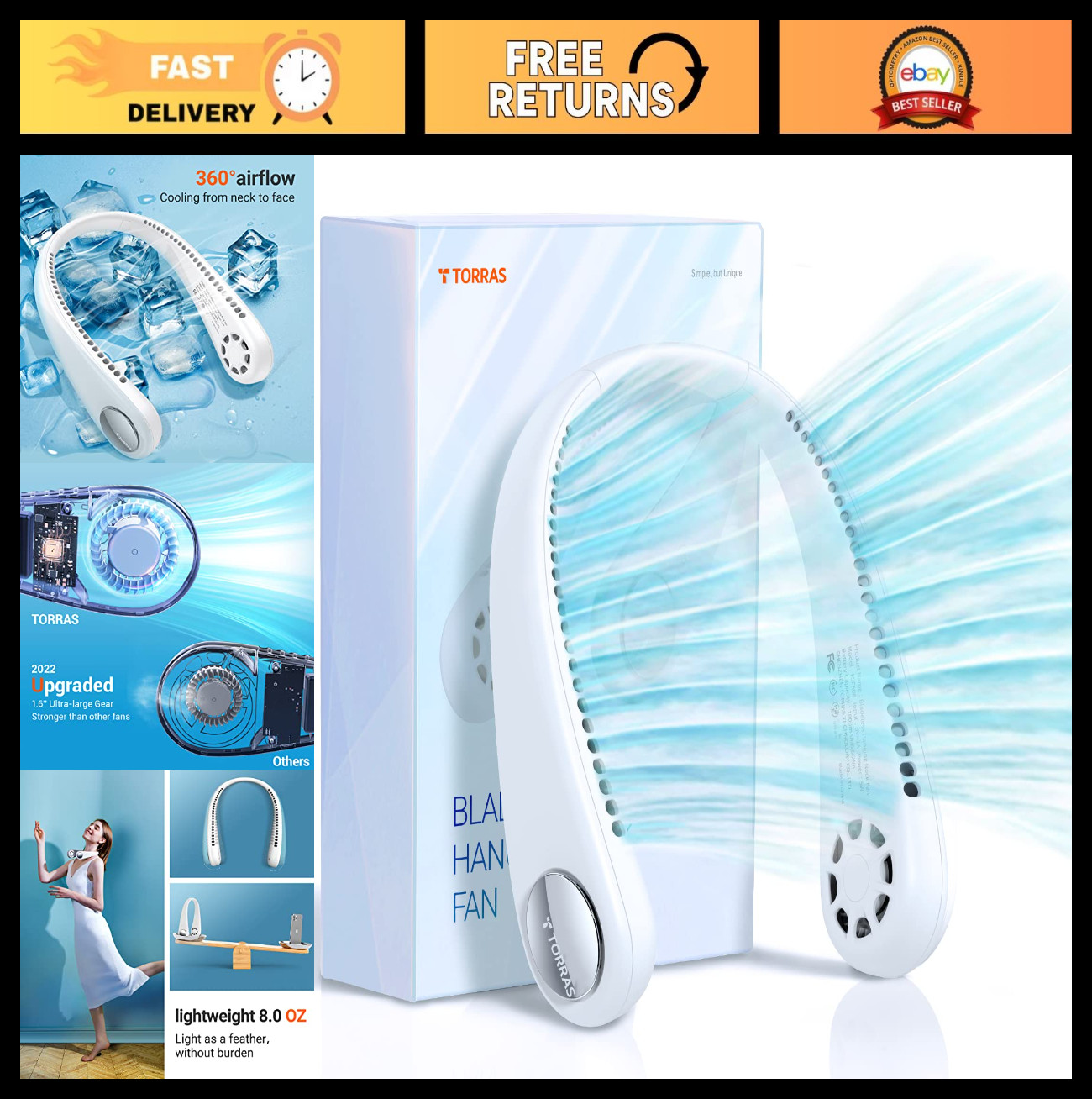 TORRAS L2 Portable Neck Fan Rechargeable【2023】Lightweight 8oz Bladeless Neck Fan