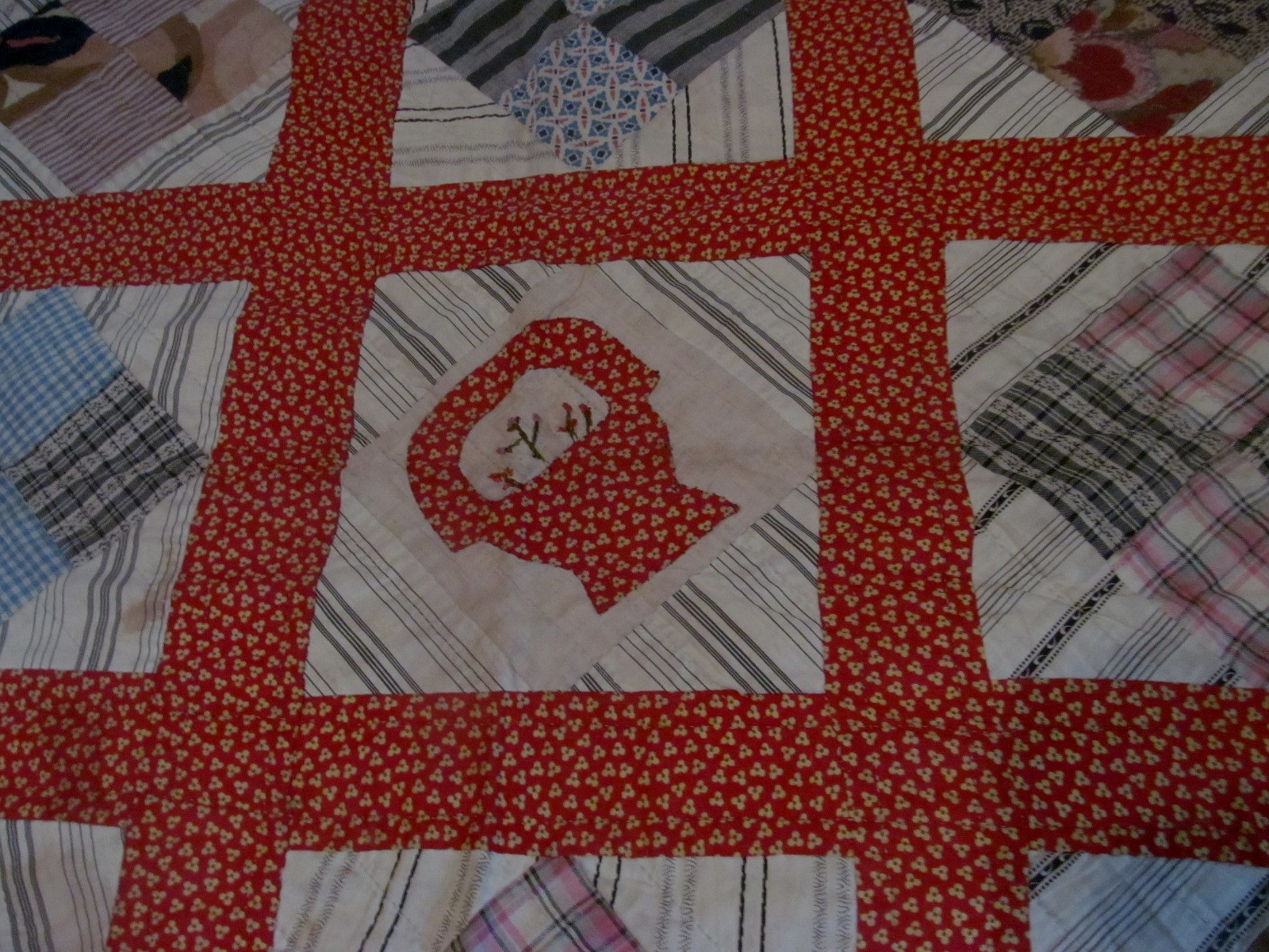 Antique Four Patch in a Square Handmade Quilt w/Calico Border 82×84~Dated 1931