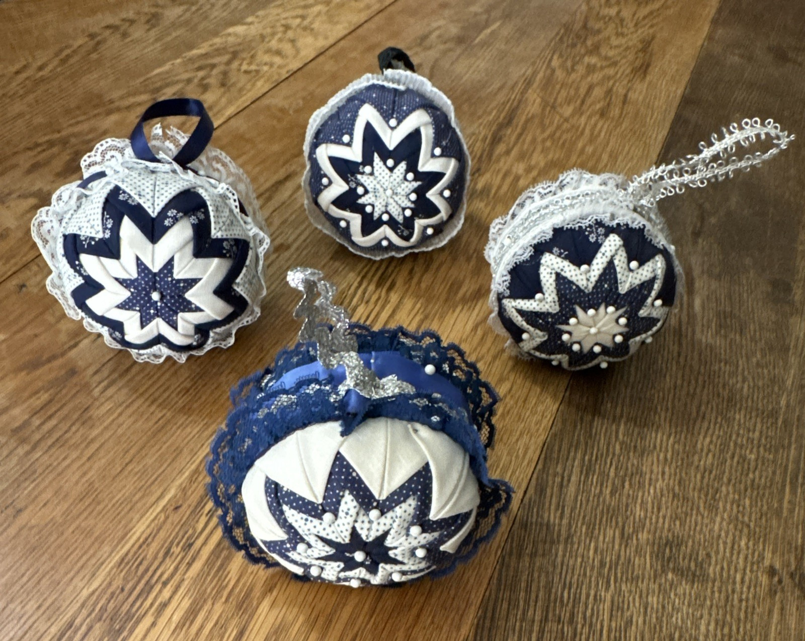 Christmas Ball Ornament Handmade Folded Star Quilted Patch Blue White Lot Of 4