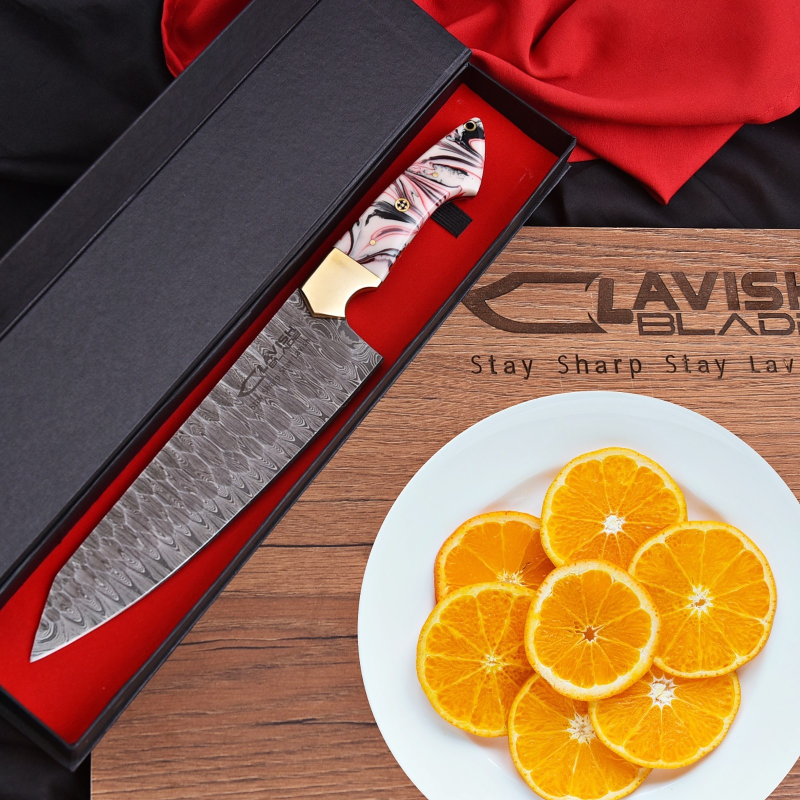 Handmade Damascus Chef Knife: Multi-Colored Resin Handle, Gift Box