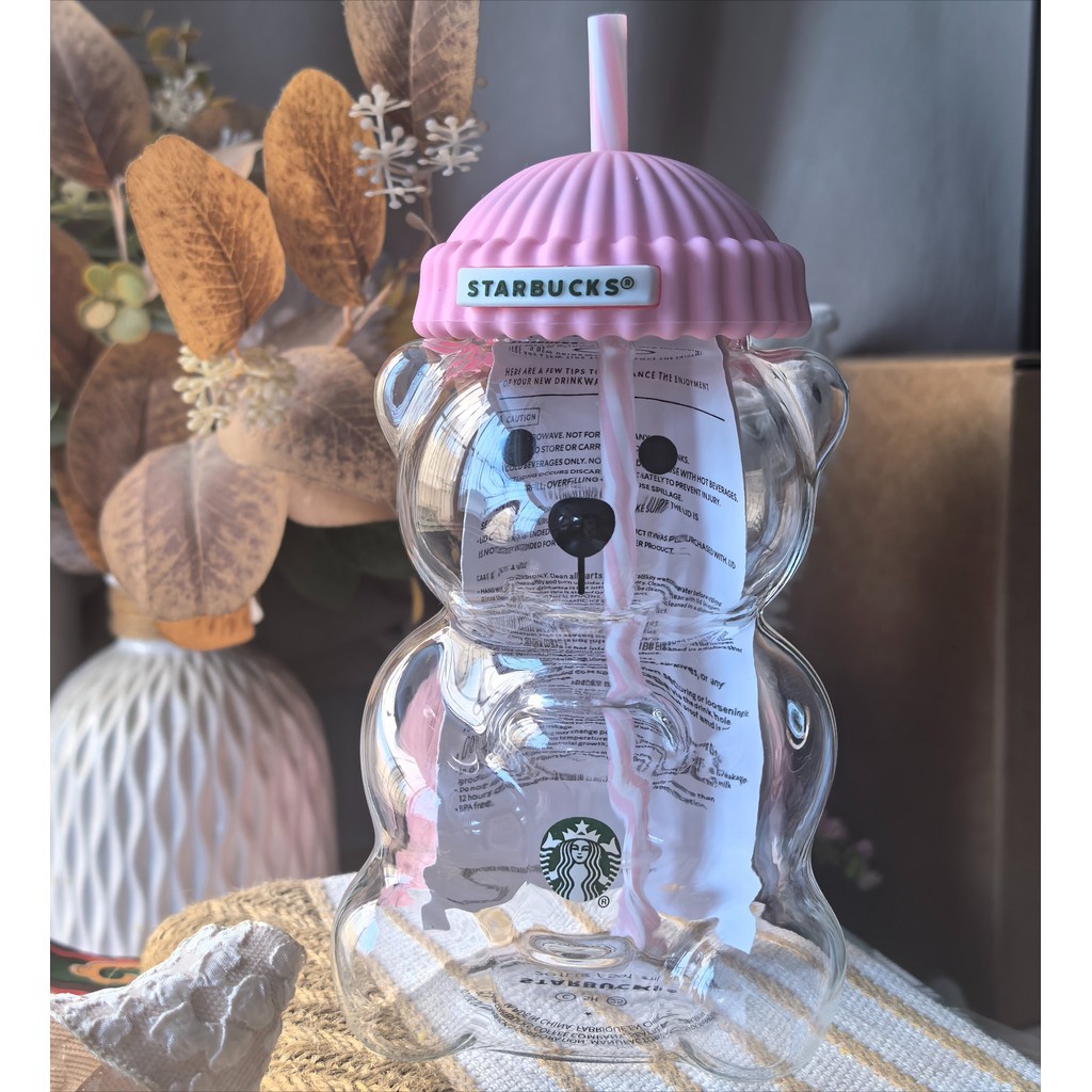 2026 Starbucks Bearista Pink Bear Glass Tumbler Cold Cup with Straw 20oz 591ml！