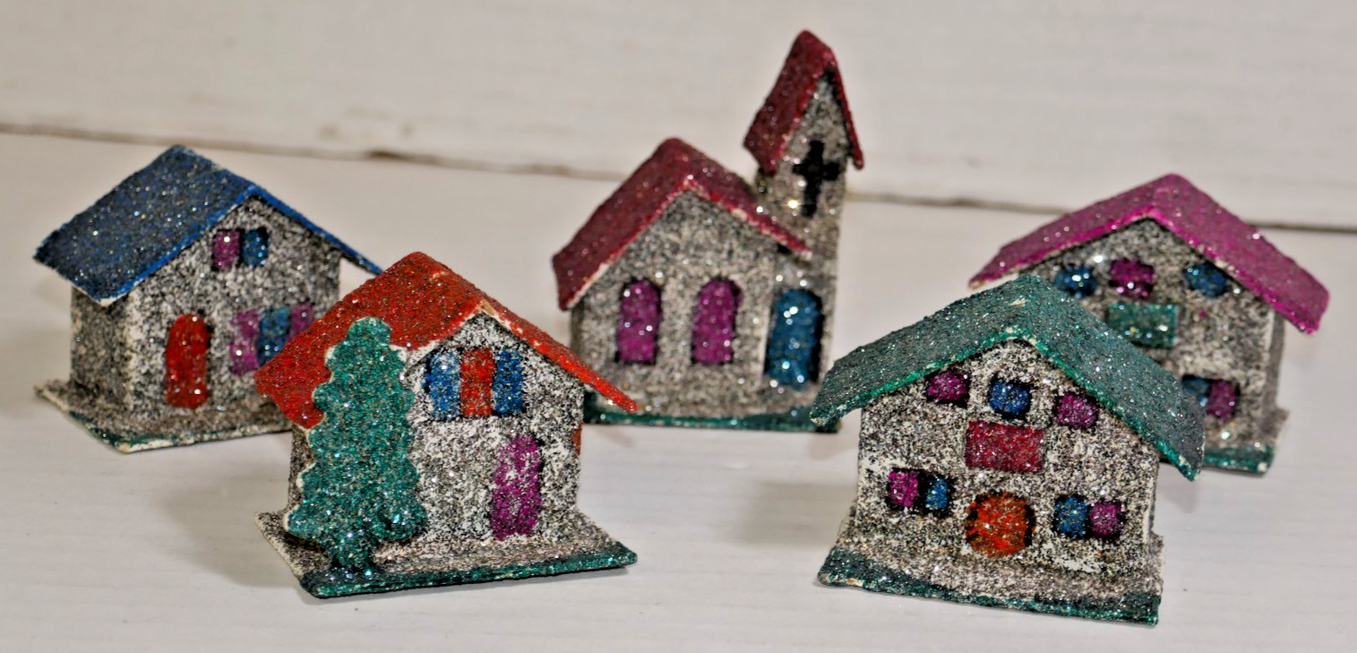 Set Of 5 Vintage Mini Putz Village Glitter Houses & Church-Japan Sticker
