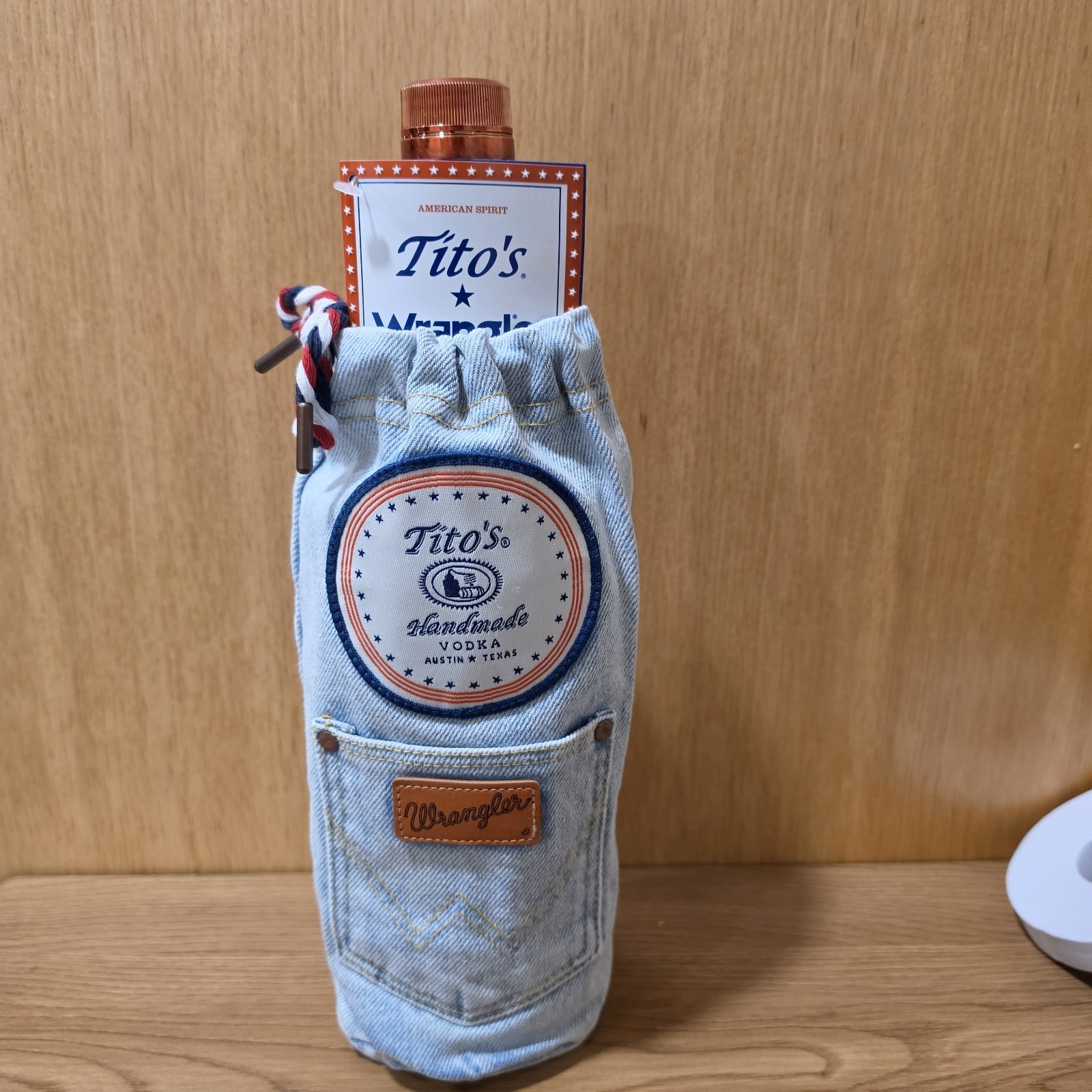 Tito’s Vodka x Wrangler Jeans Denim Drawstring Bottle Bag. NO BOTTLE.