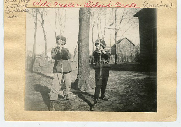 2 Vintage B/W Snapshot Photos-NEALE Family (Will & Richard) W/Bow & Arrows