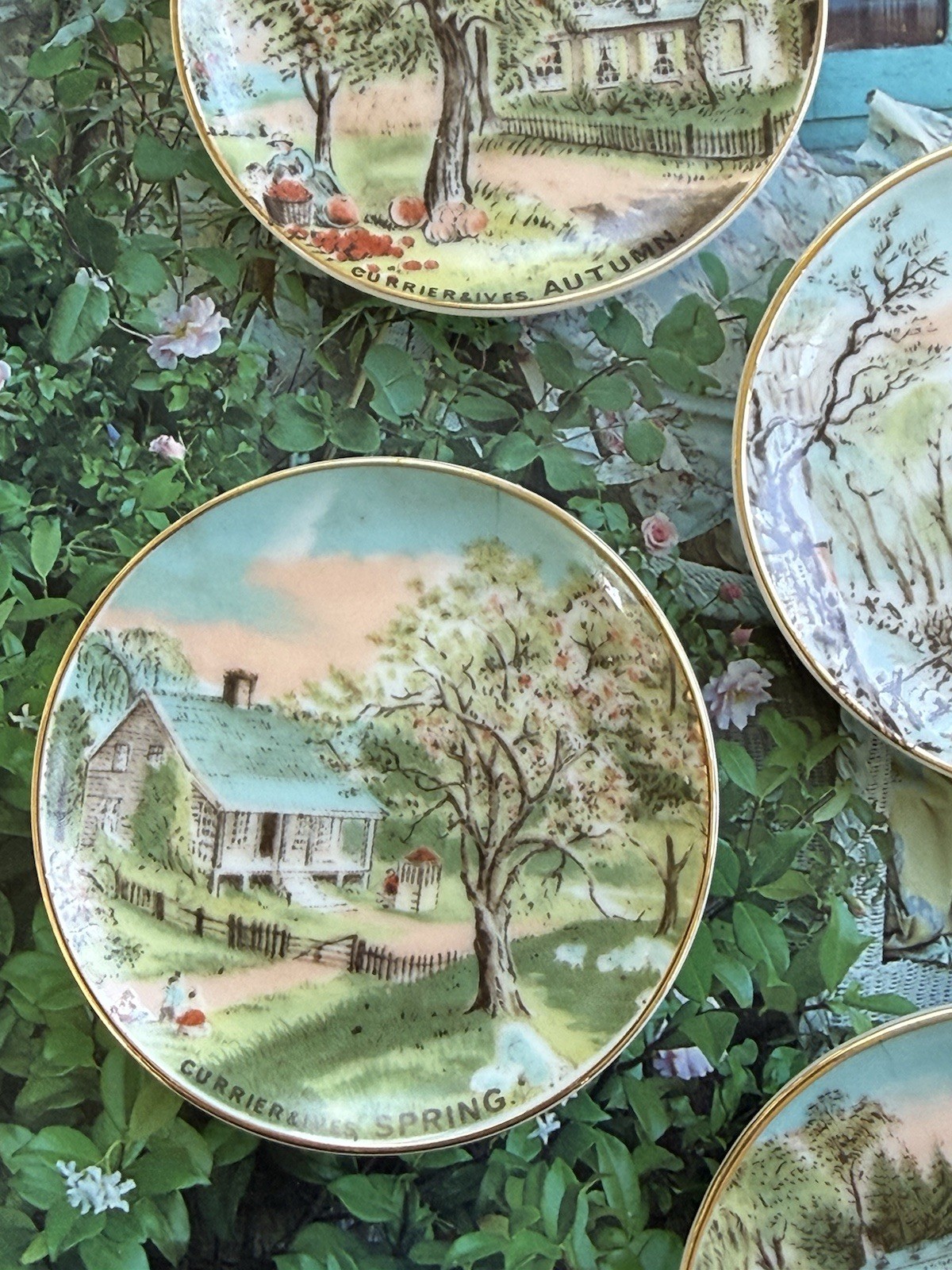 Vintag Set 4 Mini Plates Porcelain Pastel Colors Spring Summer Winter Fall Japan
