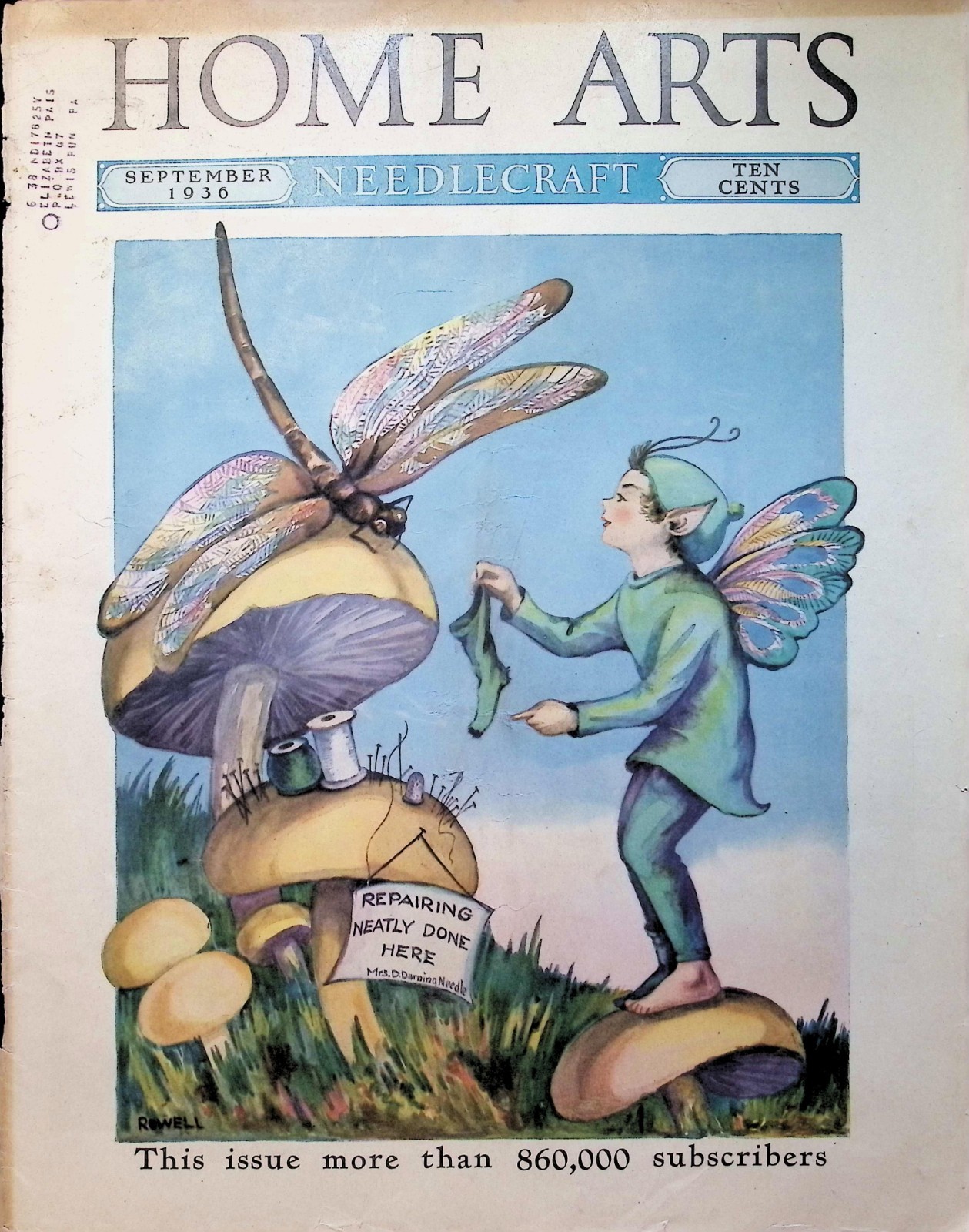 Original 1936 Home Arts Needlecraft Magazine Cover Only Dragonfly Fairy Rowell