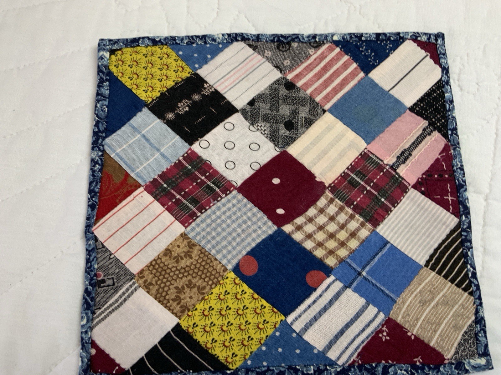 Vintage Patchwork Quilt Table Topper, Four Patch, Early Calico Prints, Blue, Red