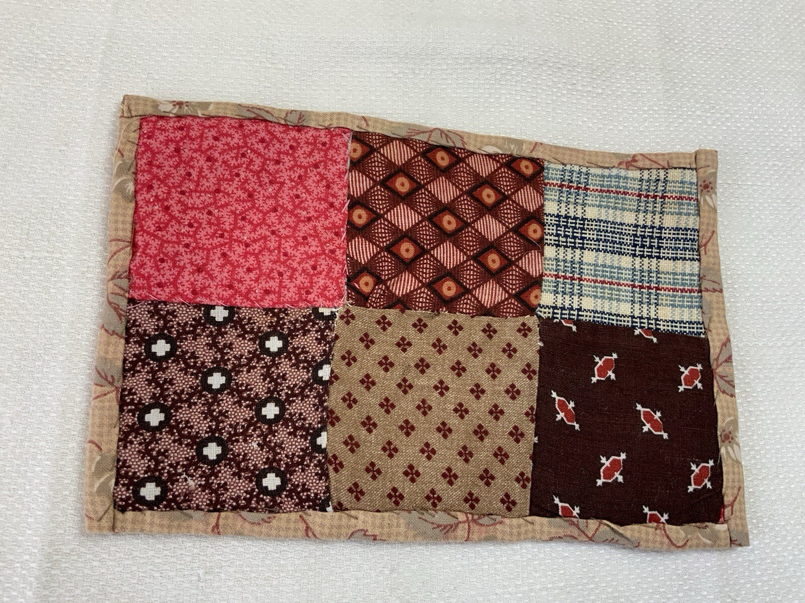 Vintage Antique Patchwork Quilt Table Topper, Four Patch, Early Calicos, Brown