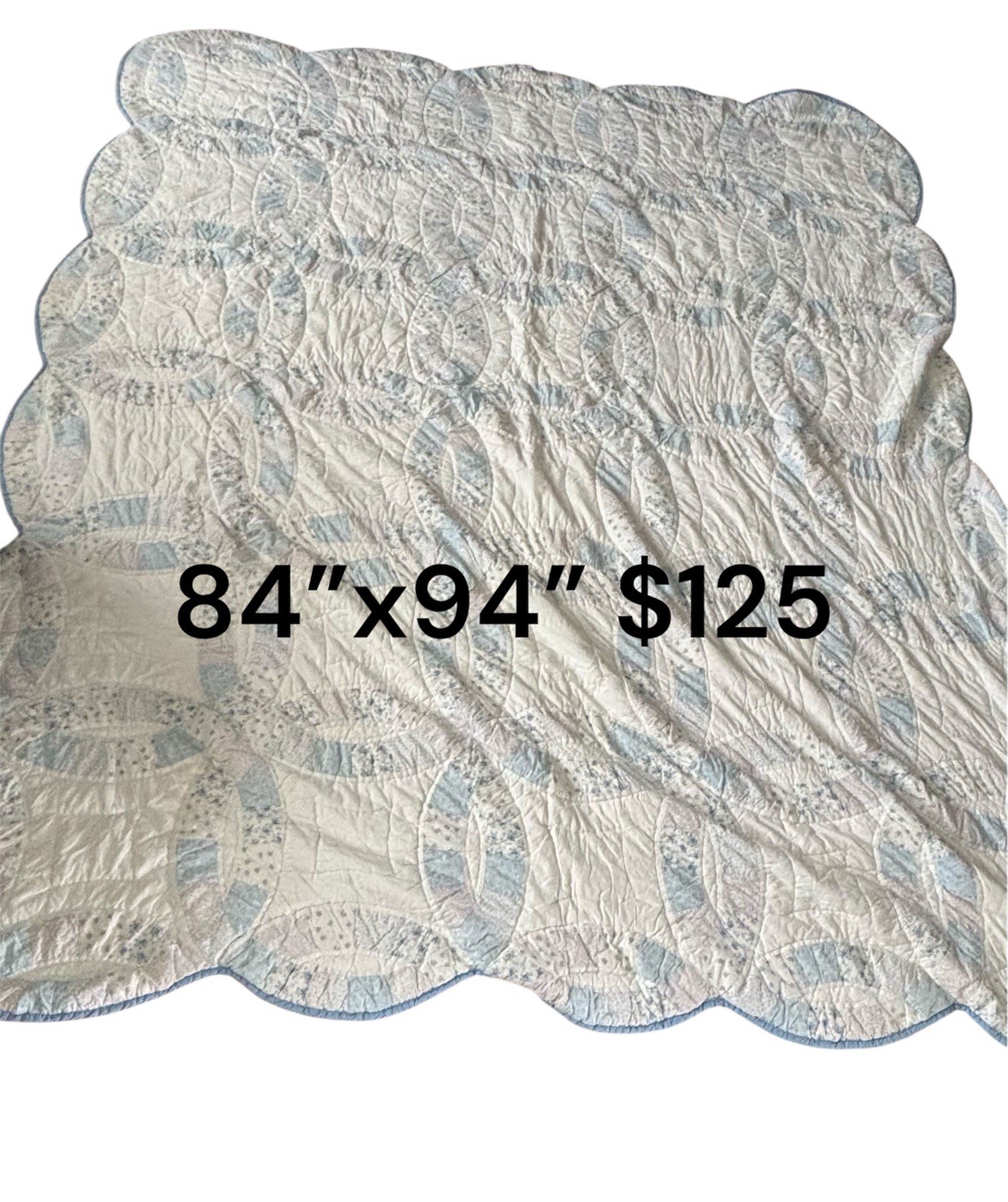 Double Wedding Ring Quilt 84”x94”Scalloped Edge Patchwork Blue White
