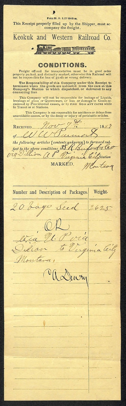 Keokuk and Western RR 1889 Freight Receipt Buford* 20 Bags Seed 2,625 lbs Scarce