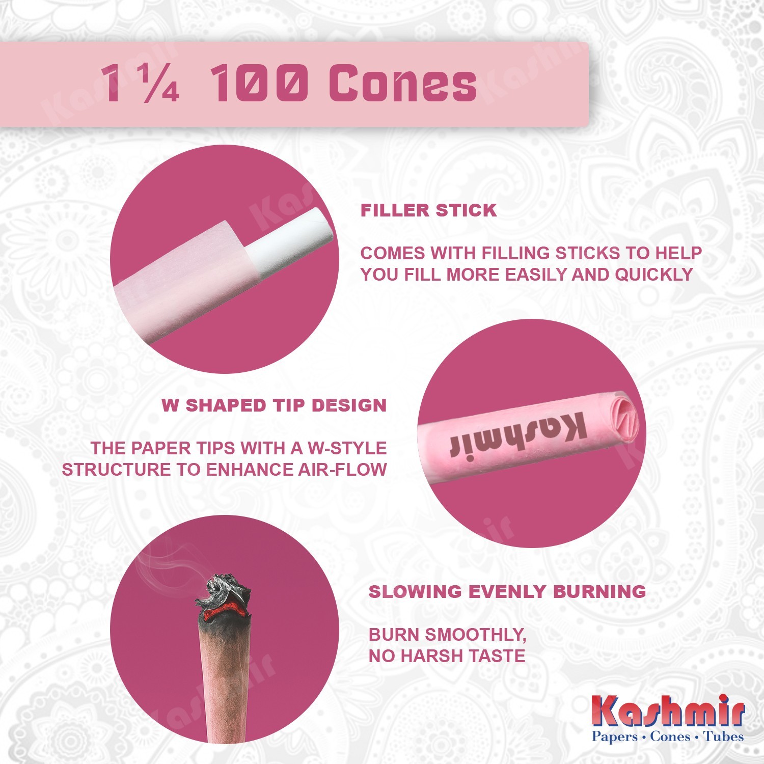 Kashmir Pre Rolled Cones Pink Rolling Papers 1 1/4 Natural Gum & Smooth 100 Ct